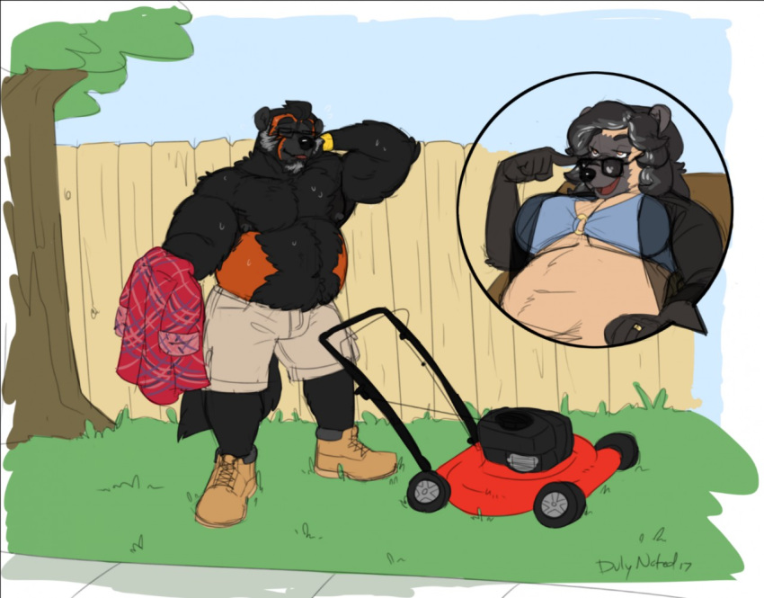 2017 beard bedroom_eyes belly biceps big_belly big_breasts big_muscles bikini bikini_top black_fur black_nose boots breasts clothed clothing countershading duly_noted eyes_closed eyewear facial_hair female fence footwear fur glasses grass grey_hair hair half-closed_eyes hand_behind_head holding_object lawn_mower leaves male mammal married_couple musclegut muscular mustelid navel open_mouth orange_eyes orange_fur overweight pecs raised_eyebrow reclining ring robert_hayes rosanne_hayes seductive sheer_clothing shirt shorts sideburns sidewalk signature sky slightly_chubby sunglasses sweat swimsuit topless translucent transparent_clothing tree undressing watch wedding_band wolverine yard