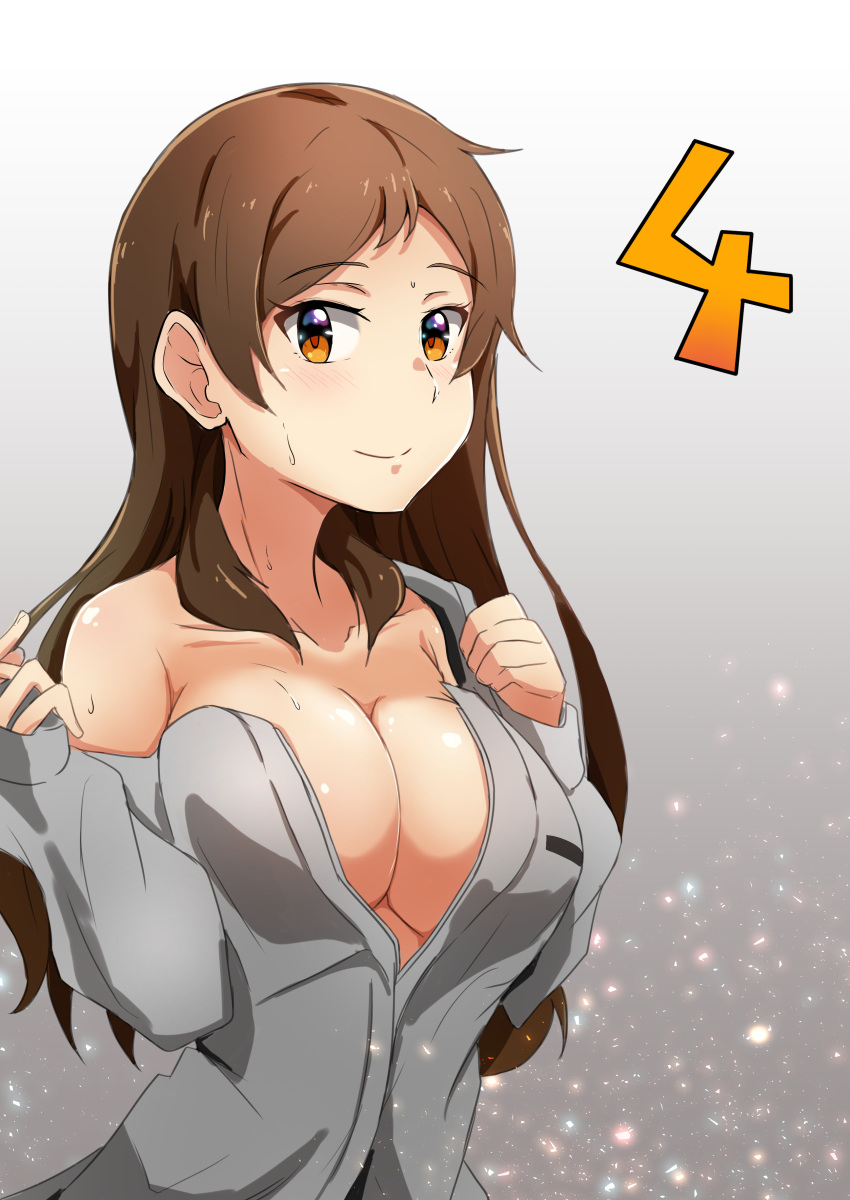 absurdres breasts brown_eyes brown_hair cleavage gradient gradient_background grey_background highres idolmaster idolmaster_million_live! j.roswel kitazawa_shiho large_breasts long_hair long_sleeves looking_at_viewer smile solo sweat