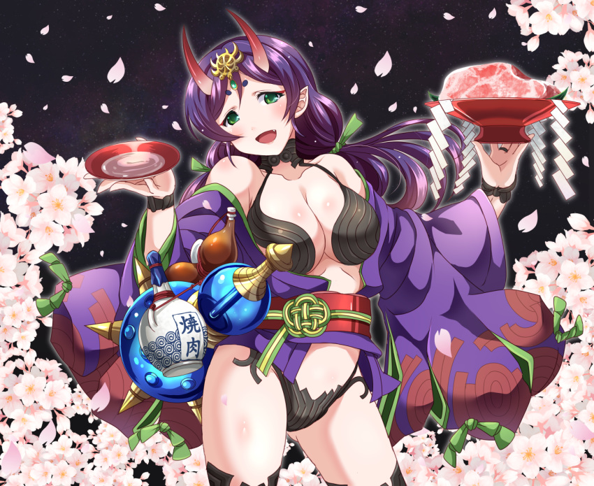 :d black_legwear black_panties breasts cherry_blossoms cleavage collarbone contrapposto cosplay cowboy_shot cup fang fate/grand_order fate_(series) floating_hair flower green_eyes green_ribbon hair_between_eyes hair_ribbon head_tilt holding horns japanese_clothes jewelry kimono large_breasts long_hair love_live! love_live!_school_idol_project obi open_clothes open_kimono open_mouth panties pink_flower pointy_ears poruporu purple_hair purple_kimono ribbon ring sakazuki sash shiny shiny_skin shuten_douji_(fate/grand_order) shuten_douji_(fate/grand_order)_(cosplay) sky smile solo standing star_(sky) starry_sky thighhighs toujou_nozomi twintails underwear