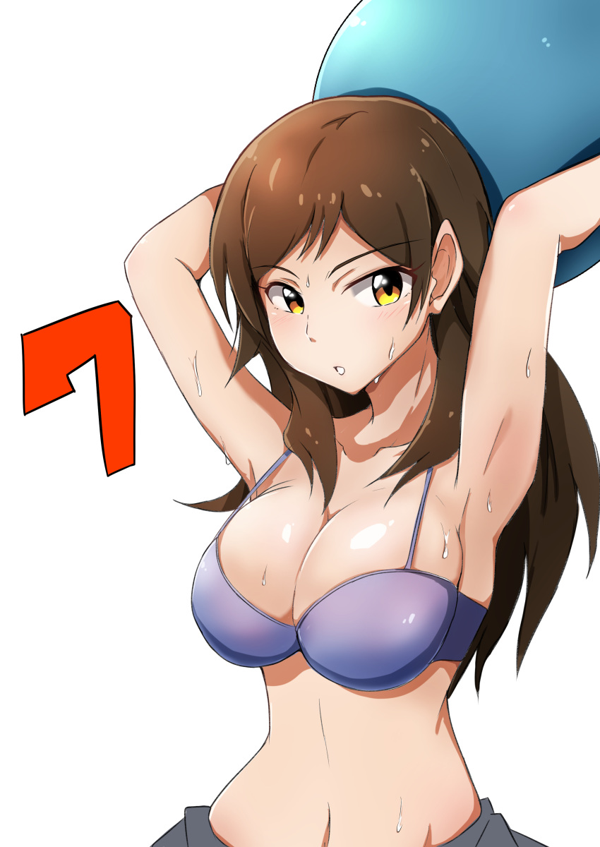 absurdres armpits arms_behind_head ball bikini blush breasts brown_hair cleavage highres idolmaster idolmaster_million_live! j.roswel kitazawa_shiho large_breasts long_hair navel purple_bikini solo strap_gap sweat swimsuit white_background yellow_eyes