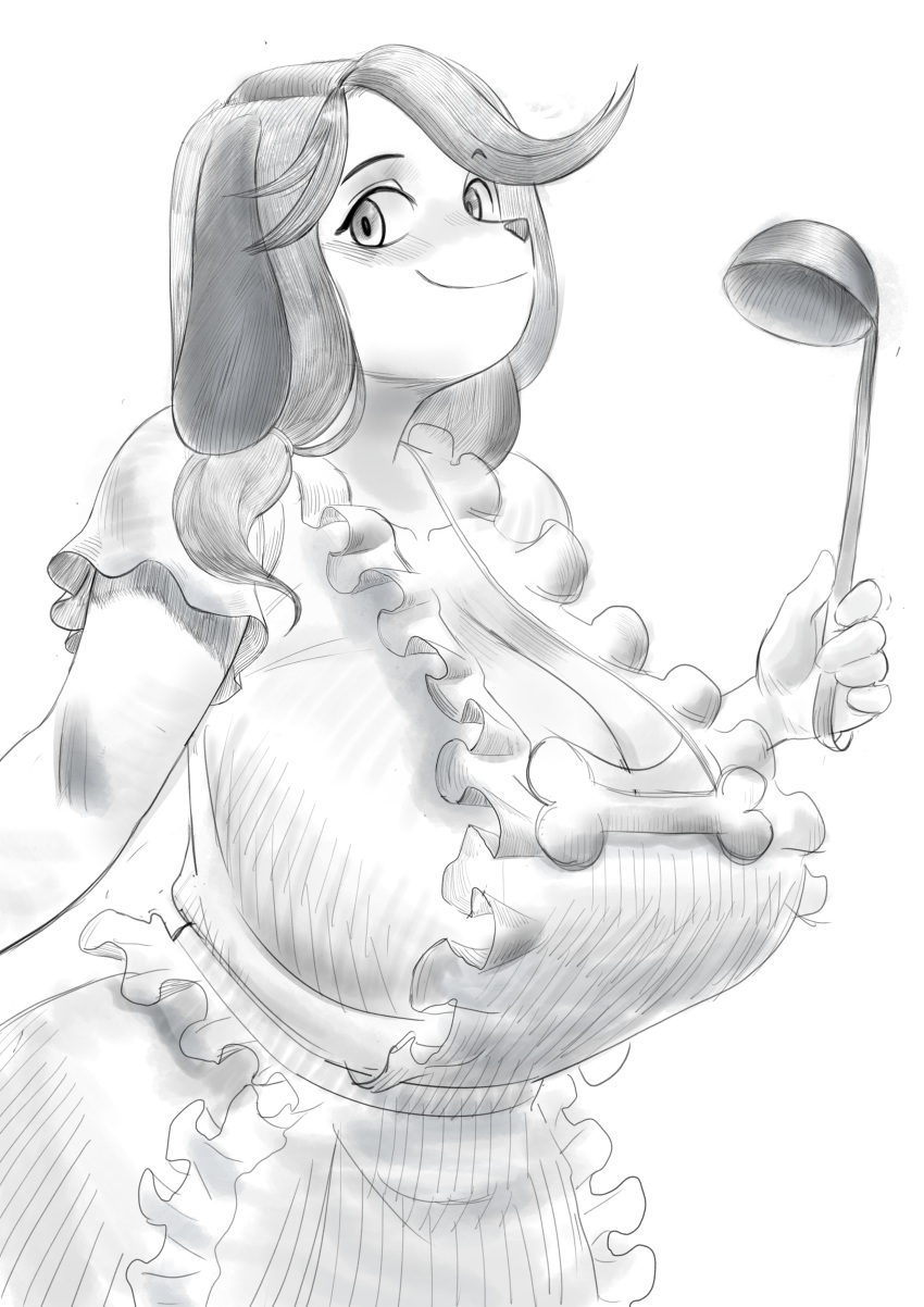 anthro apron big_breasts blush bone breasts canine cleavage clothed clothing colo dog female greyscale hi_res holly_applebee huge_breasts ladle mammal mature_female monochrome smile solo