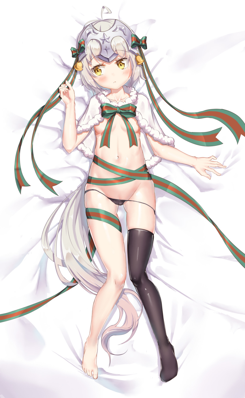absurdres ahoge asymmetrical_legwear bangs barefoot bed_sheet bell black_legwear black_panties blush bow breasts cameltoe capelet closed_mouth collarbone commentary duzi_teng eyebrows_visible_through_hair fate/grand_order fate_(series) full_body fur-trimmed_capelet fur_trim green_bow green_ribbon hair_bow headpiece highres jeanne_d'arc_(fate)_(all) jeanne_d'arc_alter_santa_lily long_hair looking_away looking_to_the_side lying no_shoes on_back panties panty_pull ribbon silver_hair single_thighhigh skindentation small_breasts solo striped striped_bow striped_ribbon thighhighs toenails underwear very_long_hair white_capelet yellow_eyes