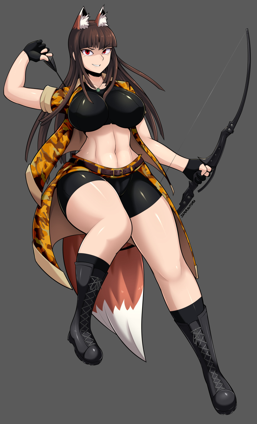 animal_humanoid arrow athletic black_boots bow_(weapon) brown_hair canine clothed clothing female fox fox_humanoid hair holding_object holding_weapon humanoid long_hair mammal navel open_jacket pendant ranged_weapon red_eyes safurantora skimpy smile solo weapon