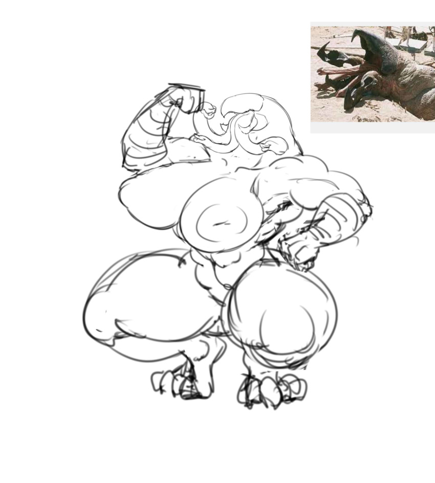 abs anthro beak ber00 big_breasts breasts eyeless female flexing graboid hi_res huge_breasts inverted_nipples multi_tongue muscular muscular_female nipples open_mouth screencap sketch solo thick_thighs tongue tremors