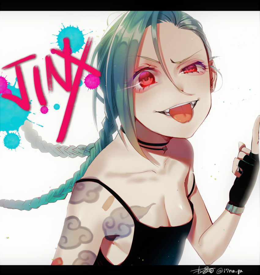 1girl arm_tattoo blue_hair braid breasts cleavage gloves jinx_(league_of_legends) league_of_legends middle_finger pink_eyes shirt solo tattoos twin_braids