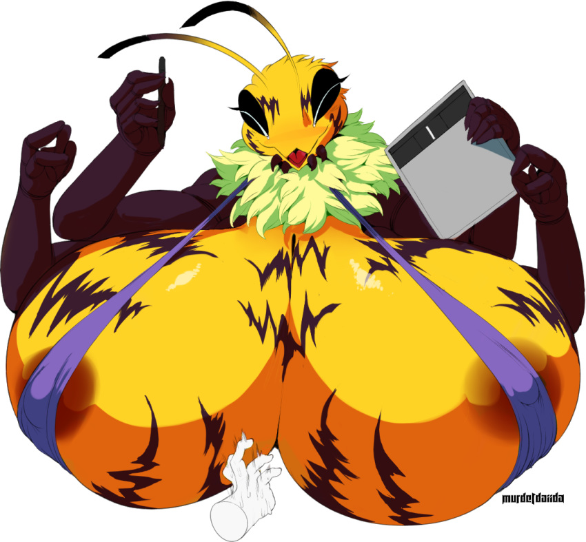 2018 4_arms antennae anthro areola arthropod bee big_breasts breasts digital_media_(artwork) disembodied_hand female huge_breasts hyper hyper_breasts insect multi_arm multi_limb nipple_bulge non-mammal_breasts simple_background solo_focus vhsdaii white_background