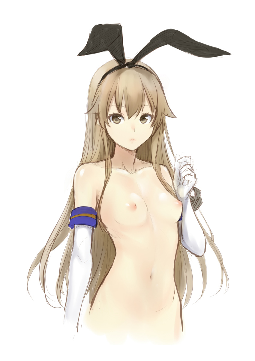 absurdres anchor_hair_ornament animal_ears arm_at_side bangs black_hairband blonde_hair breasts brown_eyes brown_hair bunny_ears closed_mouth collarbone elbow_gloves enty_reward eyebrows_visible_through_hair eyelashes fake_animal_ears gloves hair_between_eyes hair_ornament hairband hand_up highres kantai_collection long_hair looking_at_viewer navel nipples nude paid_reward ribbon shimakaze_(kantai_collection) shiny shiny_skin simple_background sketch small small_breasts solo standing stomach upper_body white_background white_gloves yellow_eyes zucchini