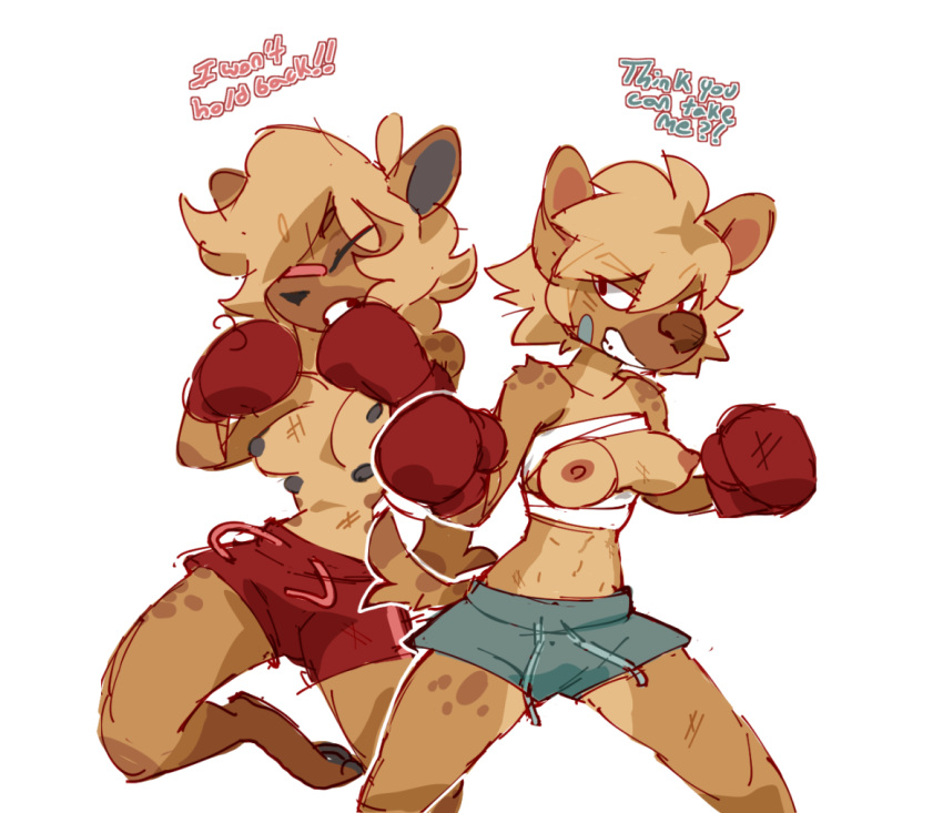 2016 anthro areola bandage barefoot blonde_hair boxing boxing_gloves breasts brown_fur clothed clothing dialogue duo english_text eyes_closed female fight fur hair hyena mammal multi_nipple nipples paperclip_(artist) paws shorts simple_background sport teeth text topless white_background