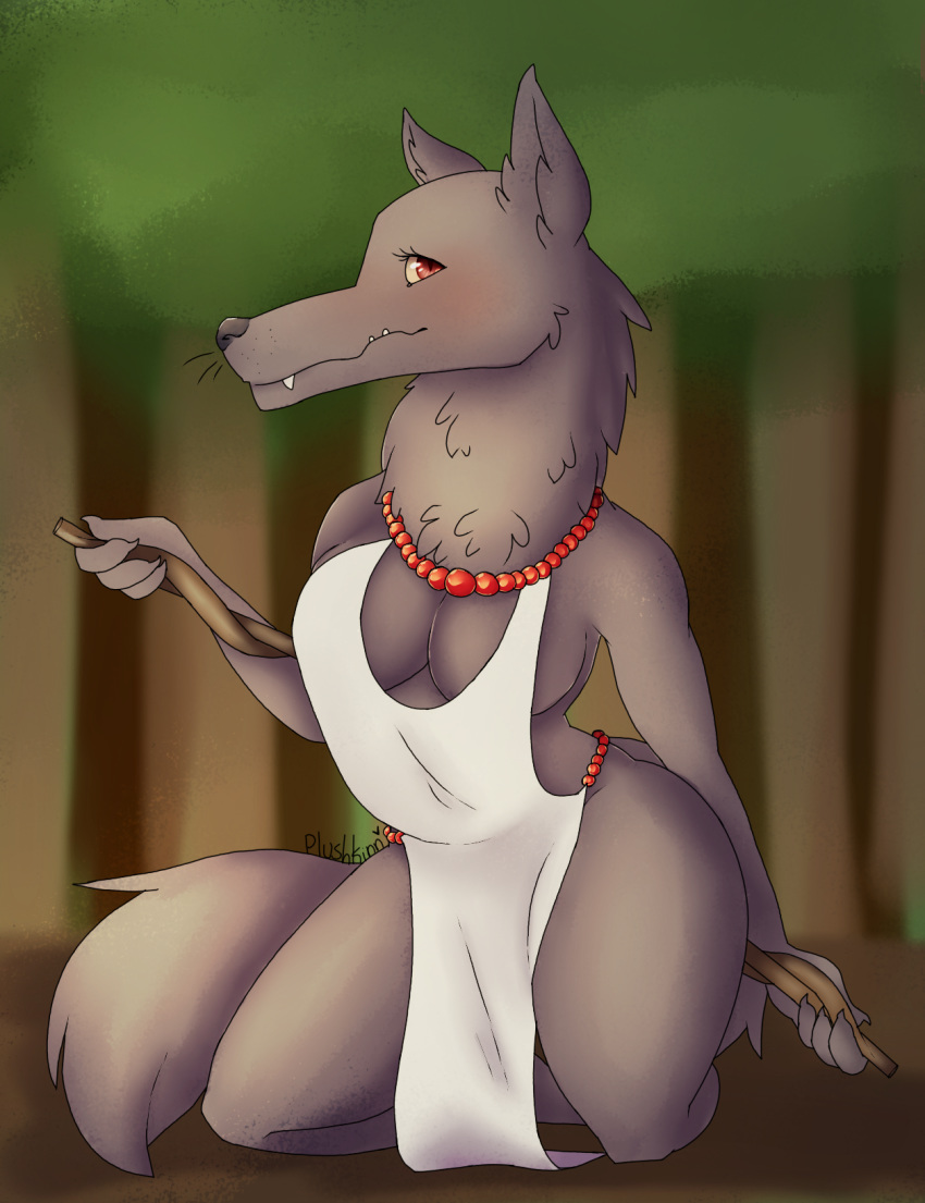 2017 anthro big_breasts blush breasts canine claws clothed clothing cute digital_drawing_(artwork) digital_media_(artwork) female forest fur hi_res kneeling looking_at_viewer magic_user mammal outside plushkinn shaman shy solo staff teeth thick_thighs tree tribal_spellcaster wide_hips wolf