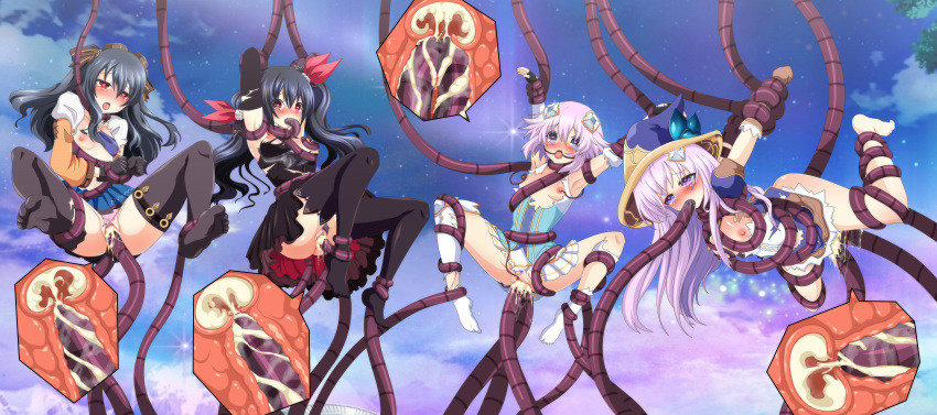absurdres bare_shoulders black_hair blood blush breasts cross-section cum cum_in_pussy fellatio four_goddesses_online:_cyber_dimension_neptune hair_ornament hat heart heart-shaped_pupils highres internal_cumshot long_hair looking_at_viewer monster multiple_girls nepgear neptune_(choujigen_game_neptune) neptune_(series) nipples noire one_eye_closed open_mouth oral purple_eyes purple_hair pussy queen-zelda rape red_eyes restrained ribbon short_hair spread_legs symbol-shaped_pupils tentacle_sex tentacles torn_clothes twintails two_side_up uncensored uni_(choujigen_game_neptune) vaginal virgin witch_hat
