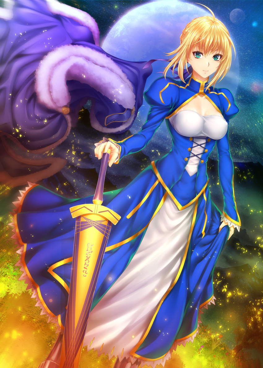 absurdres ahoge arm_at_side armor armor_removed armored_boots artoria_pendragon_(all) avalon_(fate/stay_night) bangs blonde_hair blue_dress blue_eyes boots braid breastplate breasts cape cape_removed cleavage cleavage_cutout closed_mouth corset covered_nipples dress enty_reward excalibur eyebrows_visible_through_hair eyelashes fate/stay_night fate_(series) french_braid full_body full_moon fur-trimmed_cape fur_trim grass greaves green_eyes hair_between_eyes hair_bun hair_ribbon hand_on_hilt highres holding holding_sword holding_weapon juliet_sleeves light_particles long_sleeves looking_at_viewer magic_circle medium_breasts moon night night_sky outdoors paid_reward plant planted_sword planted_weapon puffy_long_sleeves puffy_sleeves purple_ribbon ribbon saber sheath sheathed short_hair sidelocks skirt_hold sky smile solo standing star_(sky) starry_sky sword underbust weapon zucchini