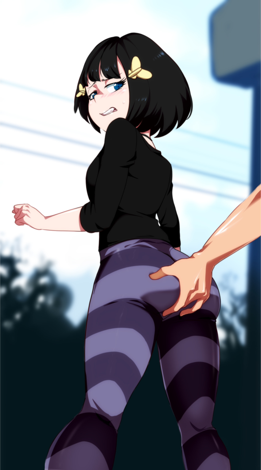 1girl ass ass_grab black_hair black_sleeves blurry blush butterfly butterfly_hair_ornament day detention_(series) half-closed_eyes jcm2 looking_back outdoors pants shareena_wickett short_hair solo_focus standing striped striped_pants teeth