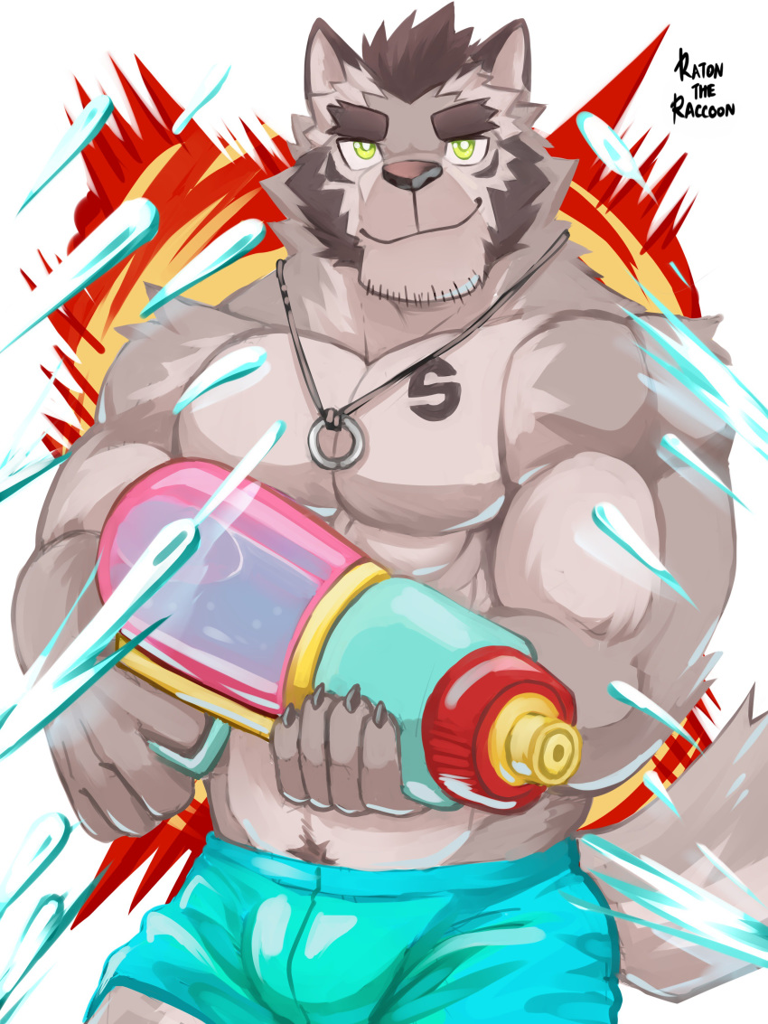 2018 abs anthro biceps canine claws clothing darkzerojack digital_media_(artwork) fur hair male mammal muscular muscular_male pecs silver_(darkzerojack) simple_background solo swimsuit tattoo water water_gun weapon wolf