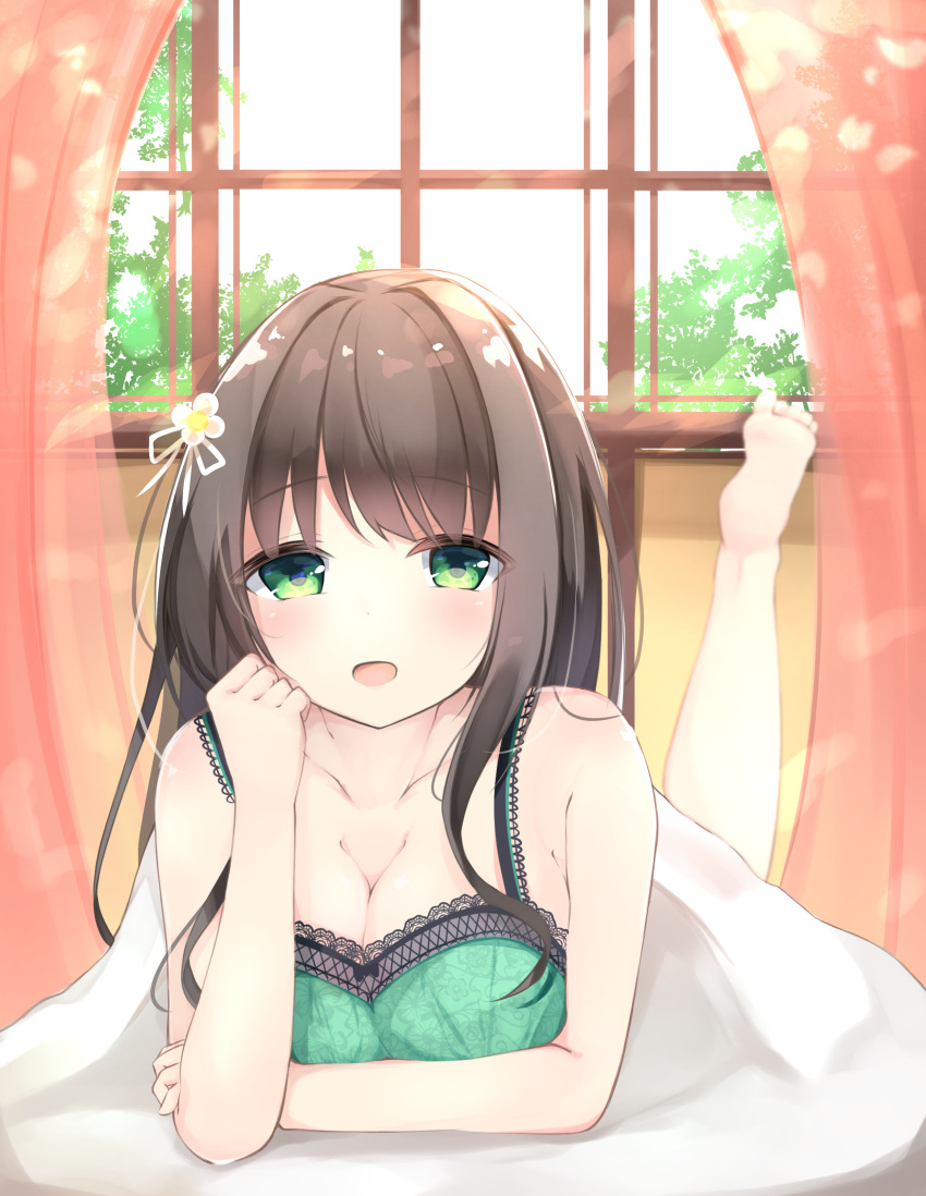 absurdres animal_print bare_arms bare_shoulders barefoot blanket blue_sky blurry blurry_background blush breasts brown_hair butterfly_print cameltoe cleavage curtains day depth_of_field eyebrows_visible_through_hair gochuumon_wa_usagi_desu_ka? green_eyes hair_ribbon highres indoors lace-trimmed_camisole lace_trim large_breasts leg_up lingerie long_hair looking_at_viewer lying maru_usagi_(maruusagi22) on_stomach ribbon shiny shiny_hair sky solo tareme the_pose ujimatsu_chiya under_covers underwear white_ribbon window