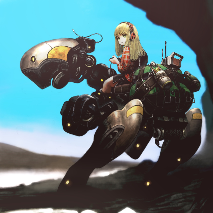 1girl blonde_hair blue_eyes female game_controller headphones highres jun_(seojh1029) long_hair original outdoors parted_lips riding robot