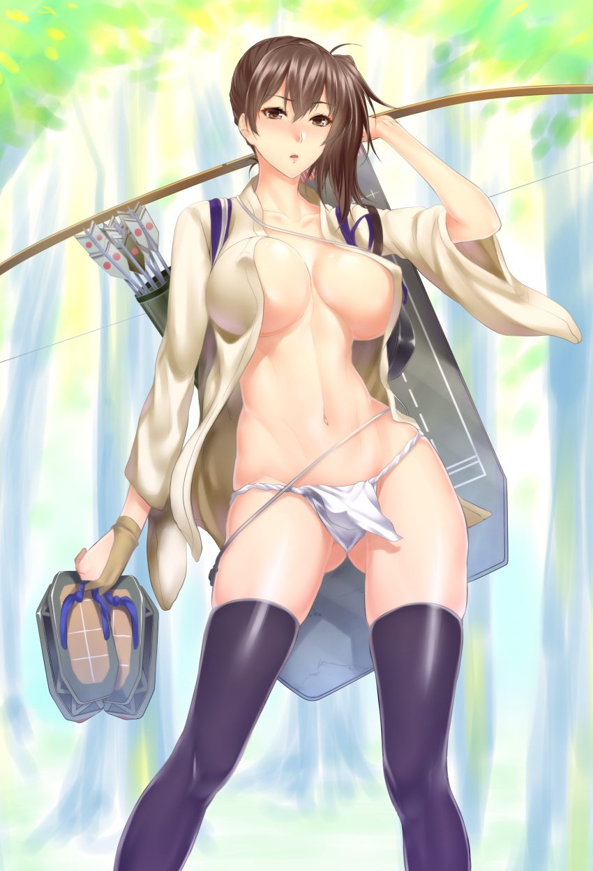absurdres ahoge arm_at_side arrow ass_visible_through_thighs bangs black_legwear blush bow bow_(weapon) breasts breasts_apart brown_eyes brown_gloves brown_hair collarbone covered_nipples enty_reward eyebrows eyebrows_visible_through_hair feet_out_of_frame flight_deck fundoshi gloves groin hair_between_eyes half-closed_eyes hand_up highres holding holding_bow_(weapon) holding_weapon japanese_clothes kaga_(kantai_collection) kantai_collection large_breasts legs_apart long_hair long_sleeves looking_at_viewer midriff navel no_bra no_pants open_clothes open_mouth paid_reward parted_lips partly_fingerless_gloves pink_lips quiver sandals sandals_removed shiny shiny_clothes shiny_skin short_hair side_ponytail single_glove skindentation solo stomach thighhighs thong toned weapon wide_sleeves yugake zucchini