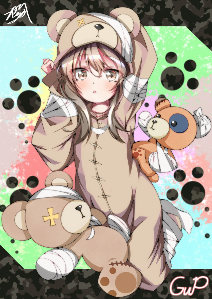 :o absurdres animal_costume arm_behind_head bad_id bad_pixiv_id bandages bear_costume boko_(girls_und_panzer) cast commentary copyright_name eyebrows_visible_through_hair full_body girls_und_panzer hand_on_own_head highres kneeling light_brown_hair long_hair looking_at_viewer multicolored multicolored_background murata_ryou open_mouth pajamas paw_print shimada_arisu socks solo stuffed_animal stuffed_toy teddy_bear white_legwear