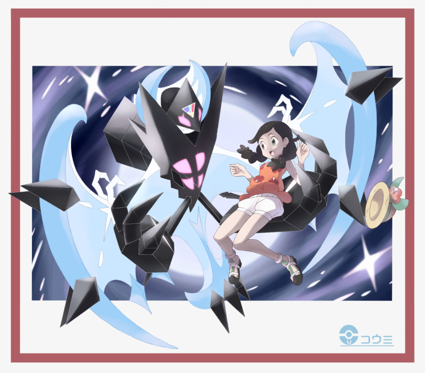 aqua_eyes bangs bare_arms black_hair braid breasts dawn_wings_necrozma eyebrows eyelashes floral_print flower full_body gen_7_pokemon hat hat_flower hat_removed headwear_removed hibiscus highres leaf legendary_pokemon long_hair medium_breasts mizuki_(pokemon) necrozma nomura_(buroriidesu) open_mouth orange_shirt palms poke_ball pokemon pokemon_(game) pokemon_usum puffy_shorts shirt shoes shorts solo swept_bangs tongue twin_braids white_shorts yellow_hat