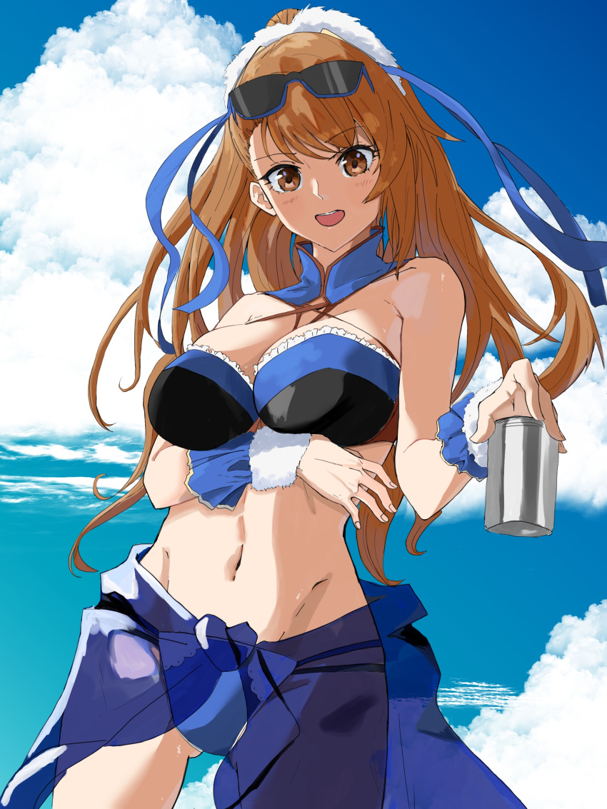absurdres bangs bare_shoulders beatrix_(granblue_fantasy) bikini blue_bikini blue_ribbon blue_sky blush breasts brown_eyes brown_hair cleavage cloud commentary criss-cross_halter cup day dondobi eyebrows_visible_through_hair eyewear_on_head frills granblue_fantasy hair_ribbon halterneck highres hips large_breasts long_hair looking_at_viewer multi-strapped_bikini navel open_mouth outdoors ribbon sarong sky smile solo sunglasses swept_bangs swimsuit thighs wrist_cuffs