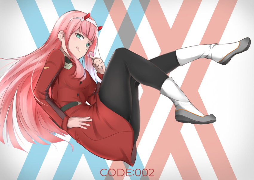 absurdres aqua_eyes bangs black_legwear boots candy commentary darling_in_the_franxx eyebrows_visible_through_hair floating food hairband hand_on_hip highres holding holding_food horns lollipop long_hair mr2d pantyhose pilot_suit pink_hair solo tongue tongue_out white_footwear white_hairband zero_two_(darling_in_the_franxx)