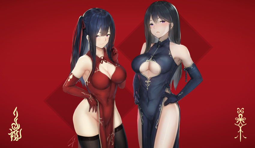 armpits bangs bare_legs bare_shoulders black_dress black_gloves black_hair black_legwear blush breasts china_dress chinese_clothes cleavage cleavage_cutout closed_mouth commentary_request covered_navel cowboy_shot dress earrings elbow_gloves gloves groin hair_ribbon hands_on_hips hayabusa highres jewelry large_breasts long_hair looking_at_viewer mole mole_on_body mole_on_breast mole_under_mouth multiple_girls no_panties one_side_up open_mouth original pelvic_curtain purple_eyes red_background red_dress red_gloves red_ribbon ribbon shiny shiny_hair signature simple_background sleeveless sleeveless_dress smile standing straight_hair thighhighs underboob_cutout