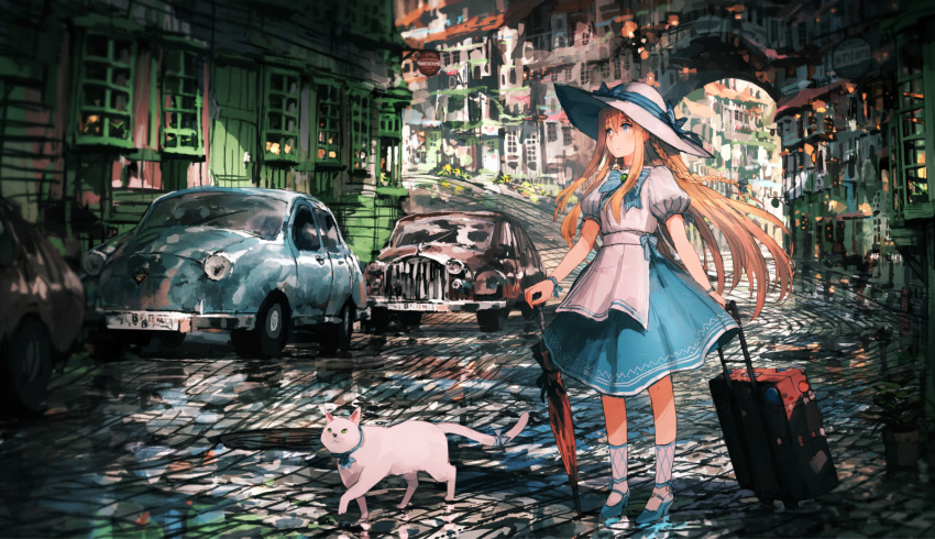animal bangs blonde_hair blue_eyes blue_footwear bow bowtie braid building car cat city closed_umbrella commentary_request dress ground_vehicle hair_ribbon hat hat_bow hat_ribbon highres holding jean_popo long_hair looking_away motor_vehicle original outdoors puffy_short_sleeves puffy_sleeves ribbon road rolling_suitcase shoes short_sleeves socks solo standing street sun_hat umbrella white_cat white_hat wrist_ribbon