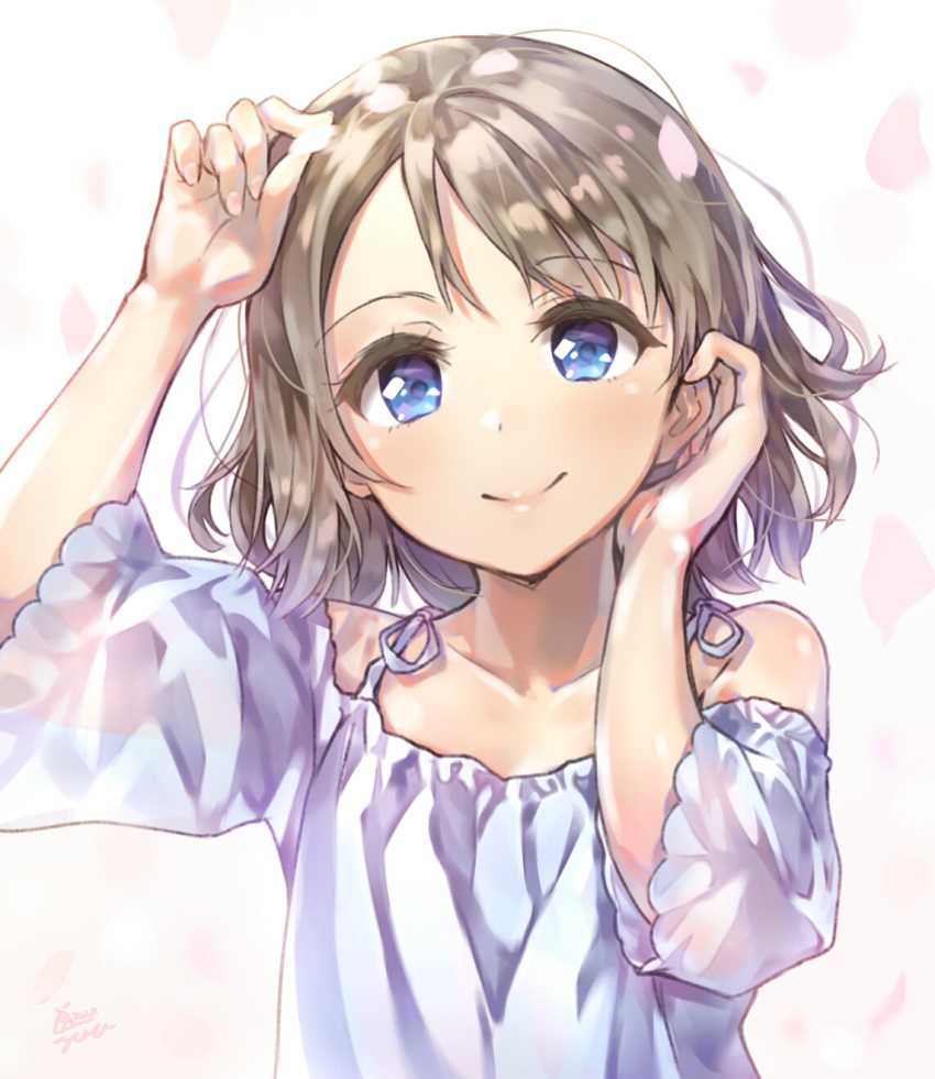 bangs blue_eyes cherry_blossoms collarbone commentary_request eyebrows_visible_through_hair grey_hair hair_tucking hands_up highres looking_at_viewer love_live! love_live!_sunshine!! petals short_hair shoulder_cutout signature smile solo takenoko_no_you upper_body watanabe_you