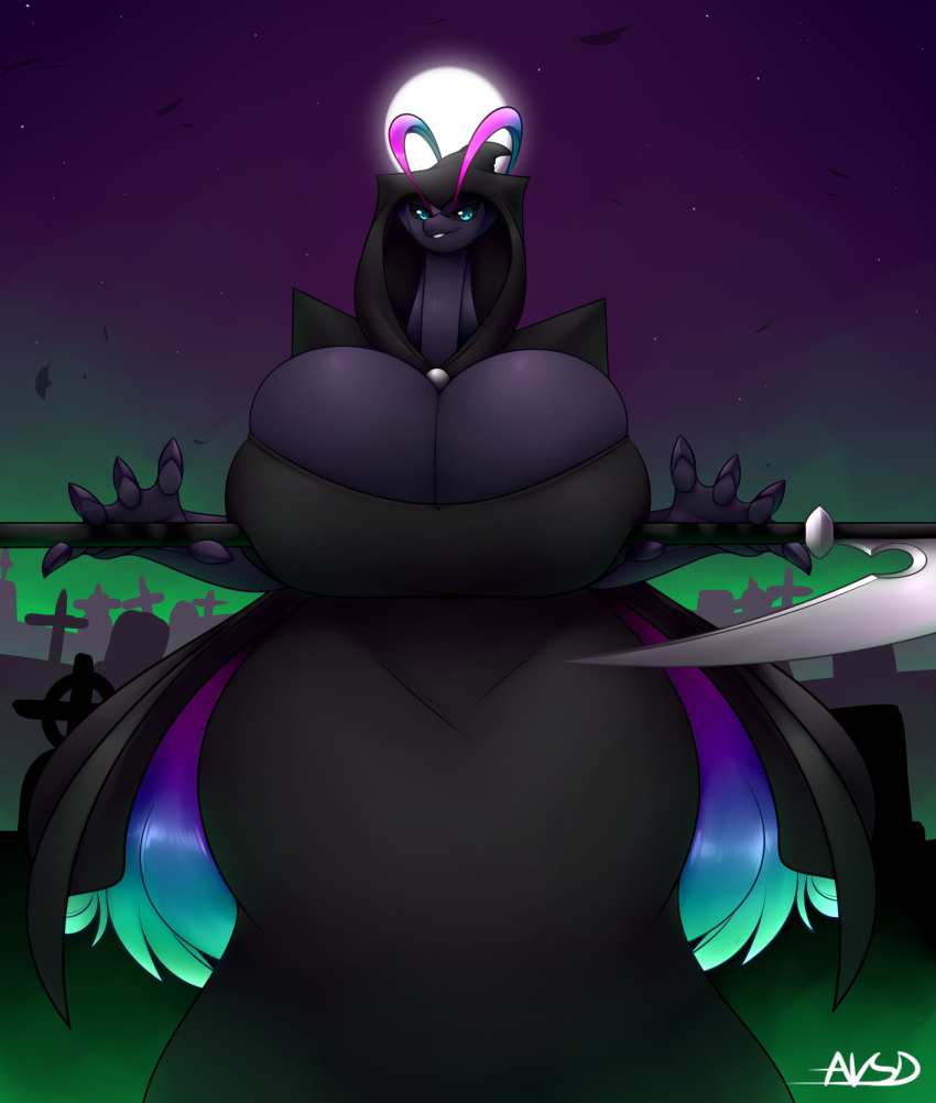 2016 ambient_bat anthro averyshadydolphin bat big_breasts breast_rest breasts cleavage clothed clothing costume dragon female halloween hi_res holidays huge_breasts looking_at_viewer mammal melee_weapon moon outside polearm regalia_(character) scythe small_head solo thick_thighs weapon wide_hips