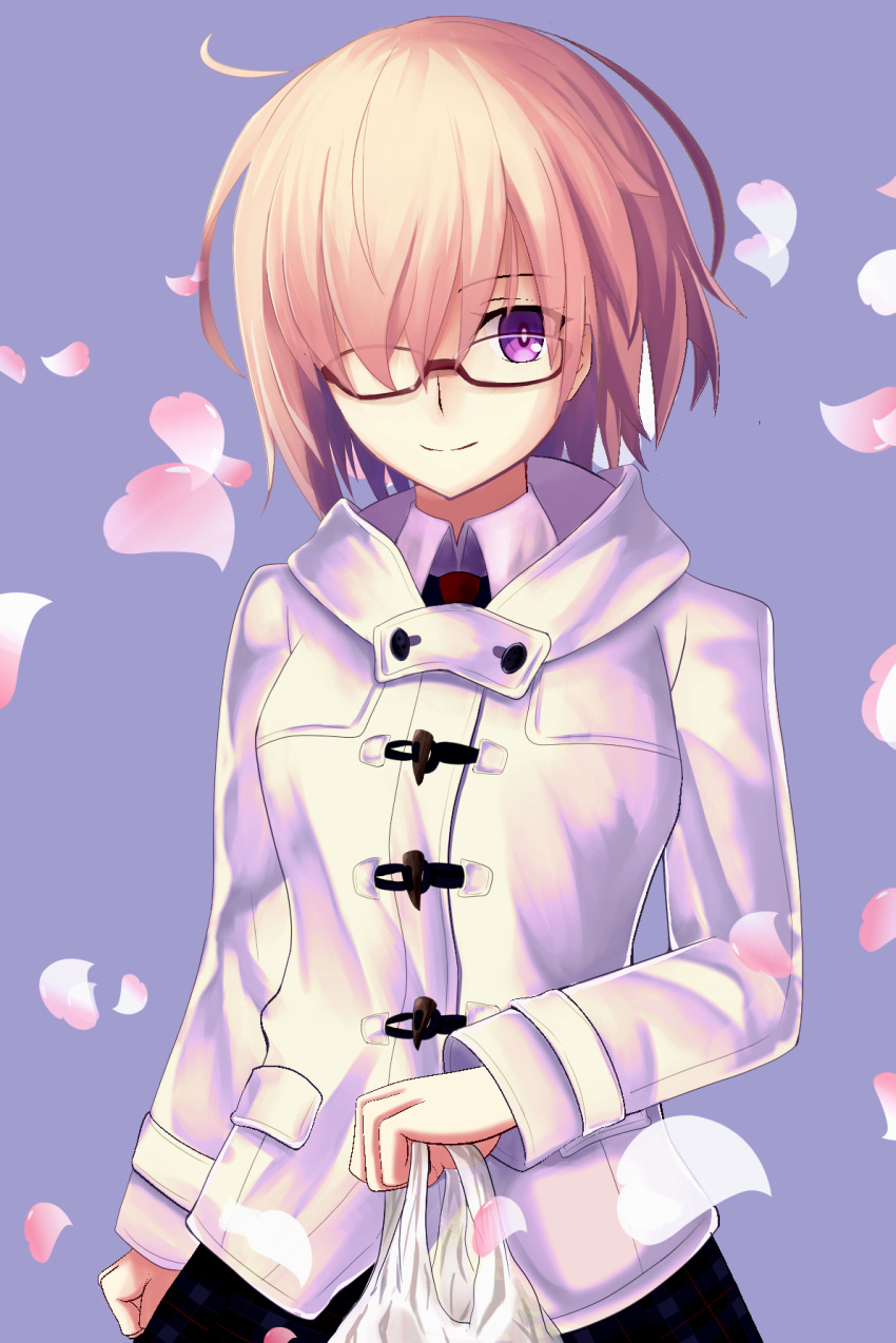 bag black_skirt cherry_blossoms duffel_coat eyebrows_visible_through_hair fate/grand_order fate_(series) glasses hair_over_one_eye highres holding holding_bag looking_at_viewer mash_kyrielight mishiro0229 pink_hair purple_eyes red-framed_eyewear short_hair skirt smile solo standing white_coat