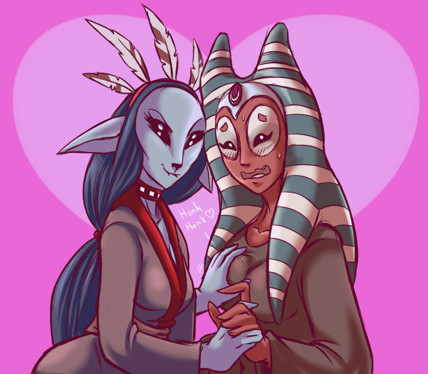 &lt;3 alien biting_lip black_eyes black_nose blue_hair blue_skin blush breast_grab breasts clone_wars clothing duo english_text feathers female female/female forehead_gem grope hair hand_holding hand_on_breast head_tails humanoid looking_at_viewer nelvaanian open_mouth plagueofgripes red_skin robe shaak_ti star_wars sweat text togruta