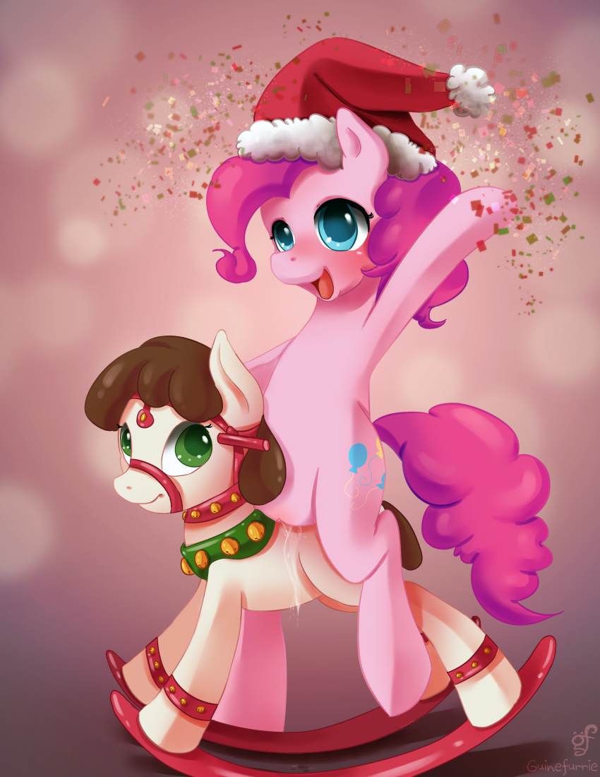 2014 bdsm blue_eyes blush christmas clitoris cutie_mark earth_pony equine female feral friendship_is_magic guinefurrie hair hat hi_res holidays horse mammal my_little_pony open_mouth pink_hair pinkie_pie_(mlp) pom_hat pony pussy pussy_juice rocking_horse santa_hat solo