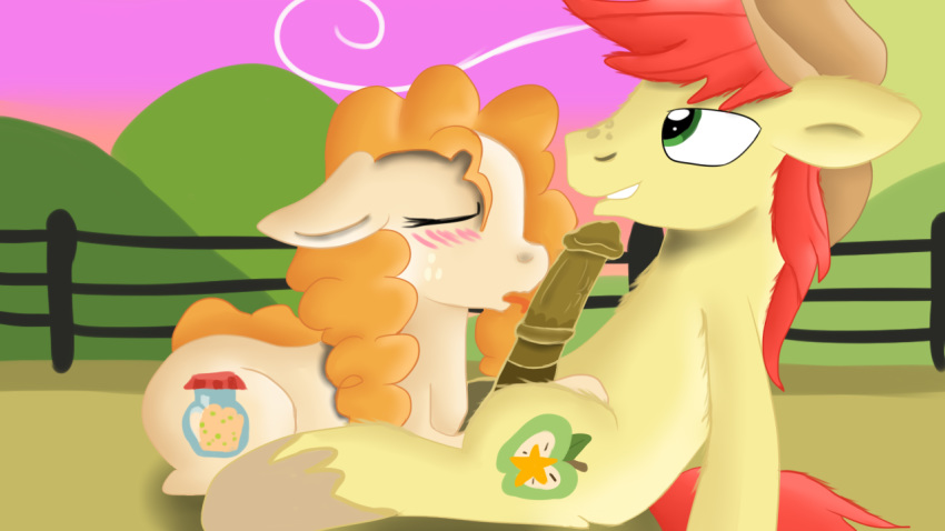 animal_genitalia animal_penis blush bright_mac_(mlp) duo earth_pony equine equine_penis eyes_closed friendship_is_magic hair horse jbond licking male mammal my_little_pony pear_butter_(mlp) penis pony tongue tongue_out