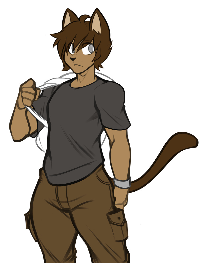 anthro backpack black_nose brown_fur brown_hair cargo_pants cat clothed clothing feline fully_clothed fur grey_eyes hair looking_aside male mammal pants portrait roki rokiloki shirt short_hair simple_background solo standing tan_fur three-quarter_portrait white_background