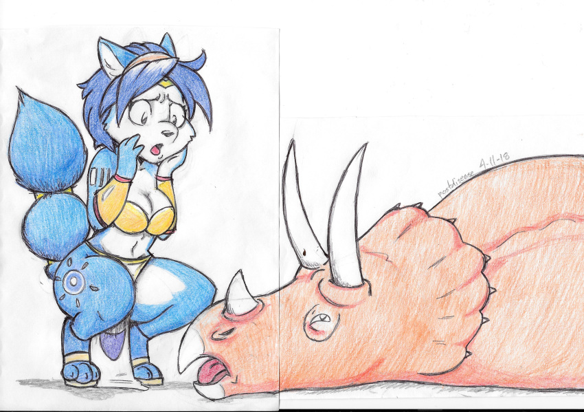 armband armor blue_fur breasts canine cleavage clothed clothing crouching dinosaur female footwear fox fur headband horn krystal loincloth mammal midriff nintendo postdisease sandals simple_background skimpy star_fox tail_ring traditional_media_(artwork) triceratops video_games white_background