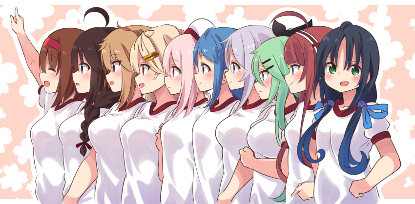 ahoge beret black_hair black_ribbon blonde_hair blue_eyes blue_hair braid breasts brown_eyes brown_hair bust_chart commentary_request comparison floral_background gradient_hair green_eyes green_hair grey_hair gym_shirt hair_between_eyes hair_flaps hair_ornament hair_over_shoulder hair_ribbon hair_tie hairband hairclip hand_up harusame_(kantai_collection) hat highres kantai_collection kawakaze_(kantai_collection) light_brown_hair lineup long_hair looking_at_viewer looking_to_the_side low_twintails medium_breasts messy_hair mole mole_under_eye multicolored_hair multiple_girls murasame_(kantai_collection) orange_hairband pink_hair profile red_eyes red_hair red_hairband remodel_(kantai_collection) ribbon sailor_hat samidare_(kantai_collection) shigure_(kantai_collection) shiratsuyu_(kantai_collection) shirt short_hair side_ponytail silver_hair single_braid small_breasts suzukaze_(kantai_collection) suzuki_toto t-shirt twintails umikaze_(kantai_collection) very_long_hair white_hat white_shirt yamakaze_(kantai_collection) yuudachi_(kantai_collection)
