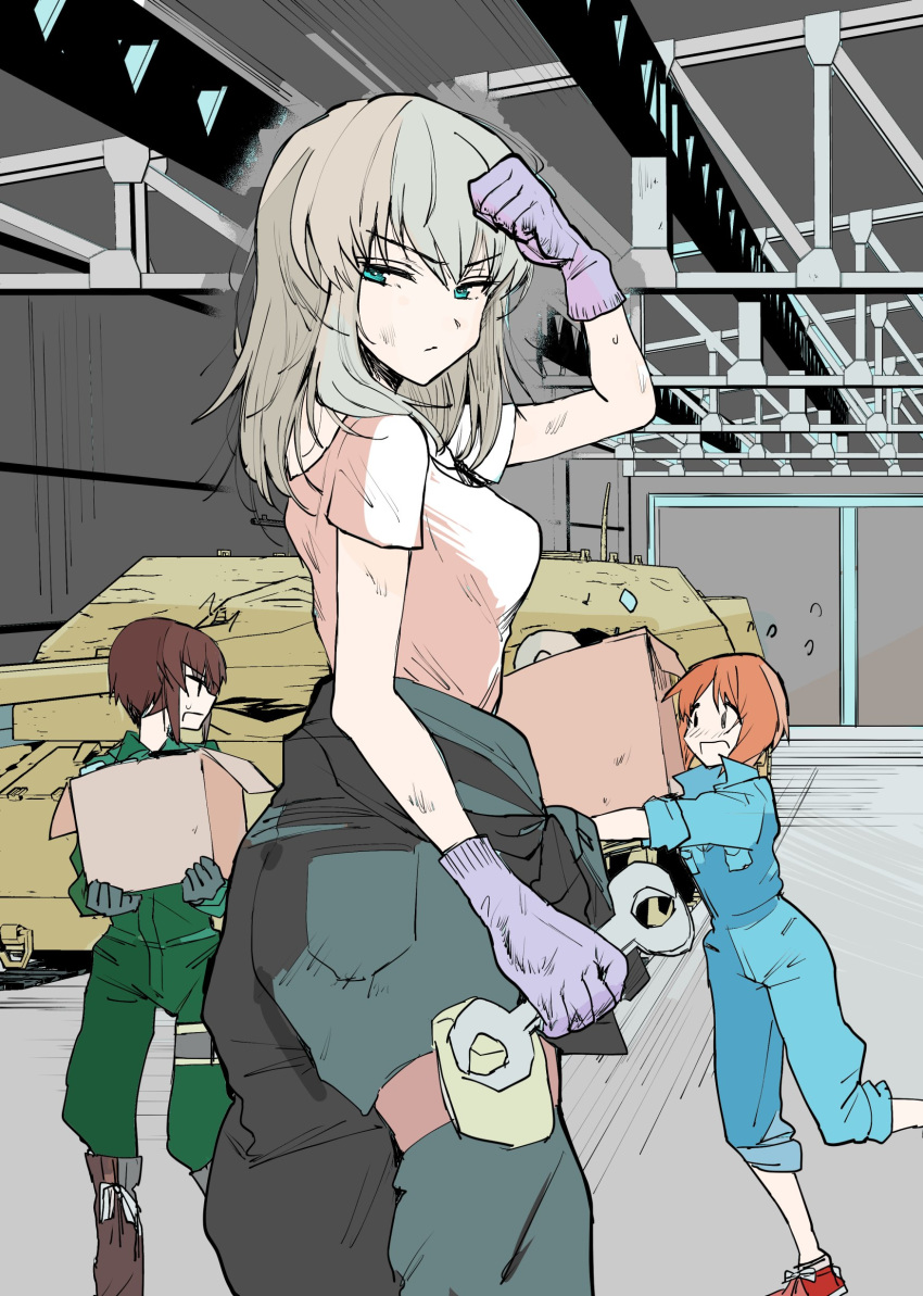 absurdres alternate_costume angry bangs black_gloves black_jumpsuit box cardboard_box carrying closed_mouth clothes_around_waist dirty emilio_(tetsukazu_no_ao) eyebrows_visible_through_hair flying_sweatdrops from_side frown girls_und_panzer gloves green_jumpsuit ground_vehicle half-closed_eyes highres holding holding_wrench indoors itsumi_erika jagdpanzer_iv jumpsuit leaning_forward long_hair long_sleeves looking_at_another looking_at_viewer looking_back mechanic military military_vehicle motor_vehicle multiple_girls nishizumi_maho nishizumi_miho pants pants_rolled_up pink_shirt purple_gloves red_footwear shirt shirt_around_waist short_hair short_sleeves sleeves_rolled_up standing standing_on_one_leg sweat sweatdrop tank tripping v-shaped_eyebrows wiping_forehead wrench