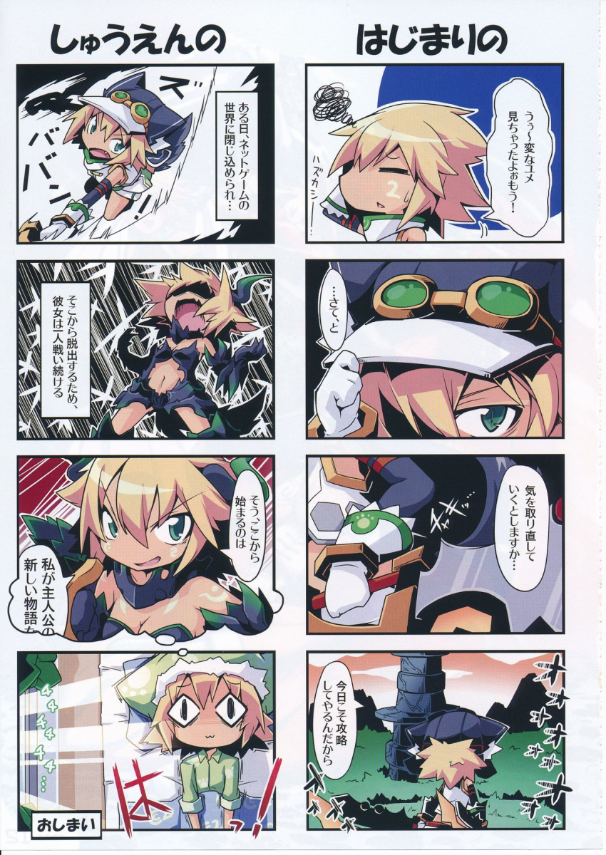 1girl 4koma animal_ears bleed_through blonde_hair comic crop_top cyberconnect2_(choujigen_game_neptune) dagger dreaming goggles green_eyes hat highres navel neptune_(series) open_mouth scan scan_artifacts short_hair tail translation_request weapon