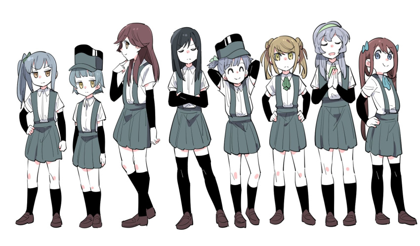 :&gt; :d ^_^ arare_(kantai_collection) arashio_(kantai_collection) arm_warmers arms_behind_head asagumo_(kantai_collection) asashio_(kantai_collection) bangs black_hair black_legwear blue_eyes blue_ribbon blunt_bangs brown_eyes brown_hair closed_eyes closed_mouth collared_shirt commentary_request crossed_arms double_bun expressionless eyebrows_visible_through_hair frown full_body ghost_in_the_shell ghost_in_the_shell_lineup ghost_in_the_shell_stand_alone_complex green_hairband green_ribbon grey_hair hair_between_eyes hair_flaps hair_over_shoulder hair_ribbon hair_rings hairband hand_on_hip hands_on_hips hands_together hat highres jitome kantai_collection kasumi_(kantai_collection) kneehighs lineup loafers long_hair looking_at_viewer michishio_(kantai_collection) multiple_girls neck_ribbon ooshio_(kantai_collection) open_mouth pleated_skirt purple_hair ribbon school_uniform shirt shoes short_hair side_ponytail simple_background skirt smile standing suspenders thighhighs tonmoh twintails v-shaped_eyebrows white_background white_shirt yamagumo_(kantai_collection)