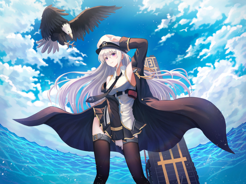 aiguillette armpits azur_lane bangs bare_shoulders belt bird black_coat black_legwear black_neckwear blue_sky blush breasts buckle buttons cloud coat covering covering_crotch day eagle enterprise_(azur_lane) eyebrows_visible_through_hair flight_deck floating_hair hair_between_eyes hat head_tilt highres kimsw0522 large_breasts long_hair long_sleeves looking_at_viewer military military_uniform miniskirt necktie ocean peaked_cap purple_eyes rigging salute shirt sidelocks silver_hair skirt sky sleeveless sleeveless_shirt sleeves_folded_up smile solo standing tareme thigh_strap thighhighs thighs uniform very_long_hair water water_drop wind wind_lift