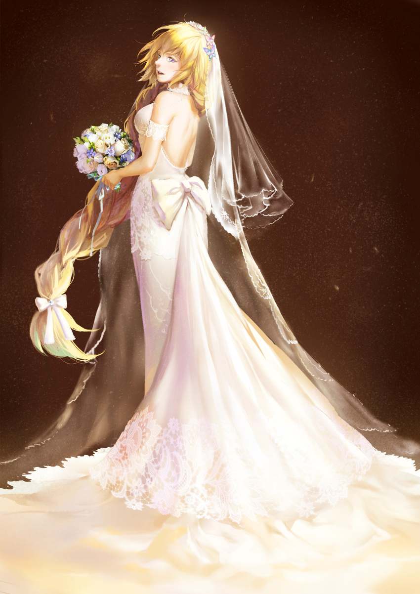 :d absurdres arm_strap backless_dress backless_outfit blonde_hair blue_flower bouquet bow braid bridal_veil butterfly_hair_ornament captain_an dress fate/apocrypha fate_(series) floating_hair flower from_behind full_body hair_bow hair_ornament highres holding holding_bouquet jeanne_d'arc_(fate) jeanne_d'arc_(fate)_(all) long_dress long_hair looking_back open_mouth ponytail purple_eyes ribbon single_braid sleeveless sleeveless_dress smile solo standing veil very_long_hair wedding_dress white_bow white_dress white_flower white_ribbon