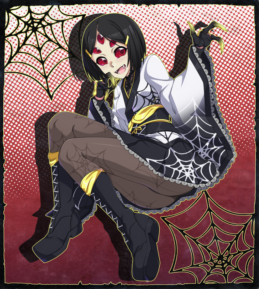 bangs black_hair boots brown_legwear carapace claws commentary cross-laced_footwear english_commentary extra_eyes fangs fewer_digits full_body hair_ornament hairclip highres insect_girl japanese_clothes jorougumo knee_boots lace-up_boots lace_trim legs_together miniskirt monster_girl no_pupils obi original panties panties_under_pantyhose pantyhose parted_bangs petite polka_dot polka_dot_background print_legwear red_eyes sash seamed_legwear skirt socks solid_eyes solo spider_girl spider_web_print spike_wible underwear wide_sleeves yellow_legwear