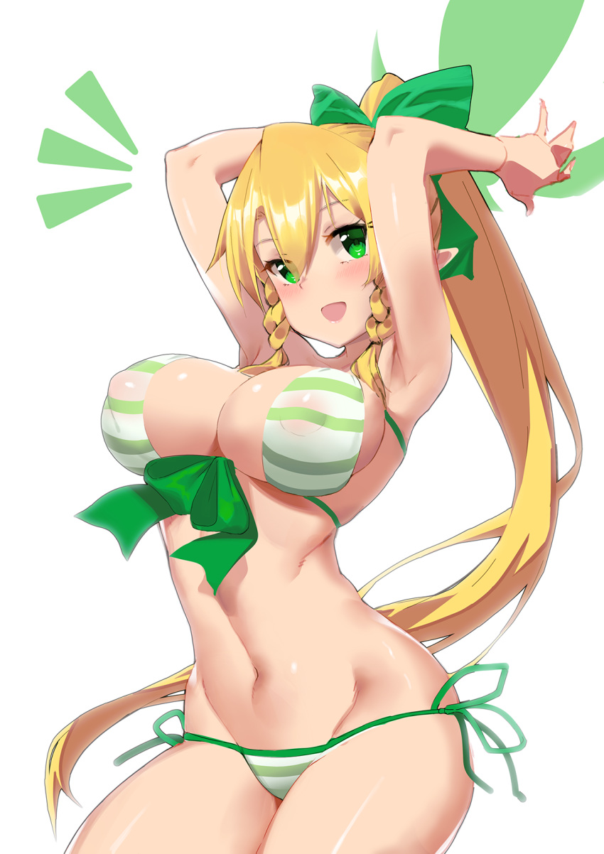 arms_up bikini blonde_hair blush bow braid breasts commentary_request covered_nipples from_side front-tie_top green_bikini green_eyes hair_bow highres large_breasts leafa leaning_forward long_hair looking_at_viewer navel open_mouth pointy_ears ponytail shiny shiny_skin side-tie_bikini skindentation solo striped striped_bikini swimsuit sword_art_online tigersaber twin_braids very_long_hair white_background