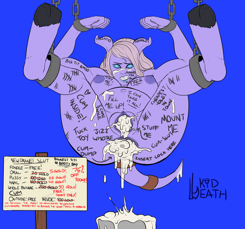 after_sex anus body_writing breasts chained cum cum_in_ass cum_in_pussy cum_inside cum_leaking cum_on_face draenei female gaping gaping_anus hair hi_res hooves horn humanoid kiddeathx_(artist) nipples not_furry pregnant public_use purple_skin pussy simple_background slave solo video_games warcraft white_hair