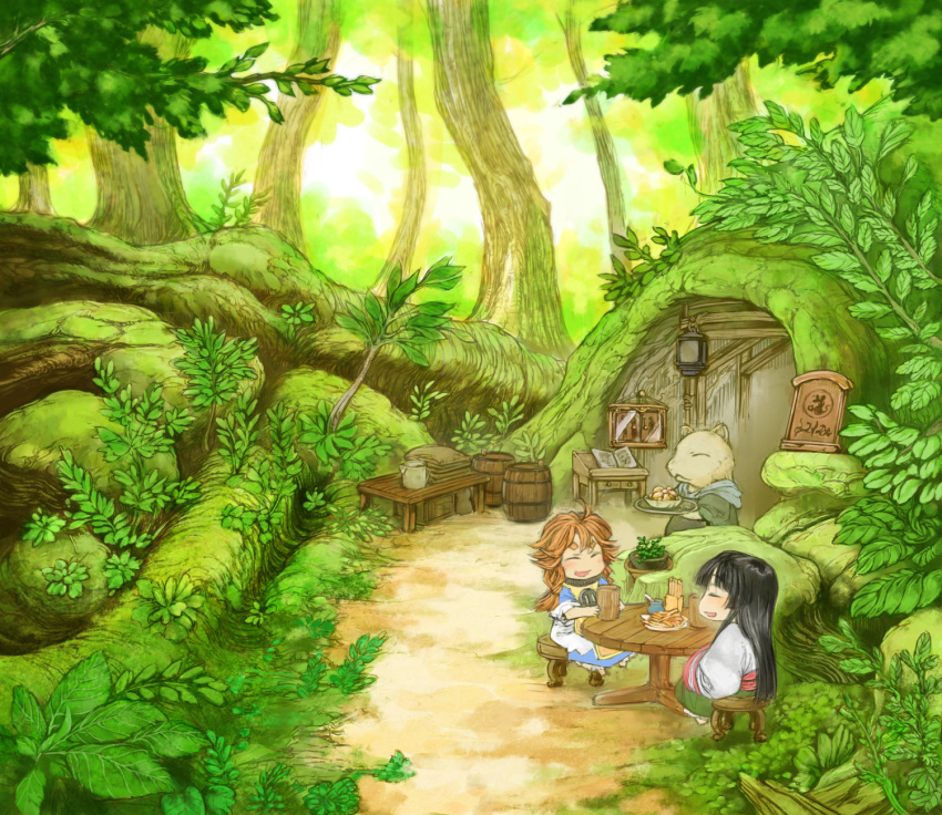 :&lt; :d barrel black_hair blush cabinet cervus character_request closed_eyes commentary_request cup door dress food forest grass green hakumei_(hakumei_to_mikochi) hakumei_to_mikochi highres japanese_clothes lantern long_hair long_sleeves mikochi_(hakumei_to_mikochi) minigirl mouse multiple_girls nature open_mouth orange_hair outdoors path plant potted_plant road roots sash sign sitting smile stool table tree