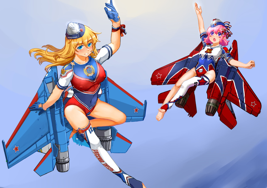 absurdres aerobics aircraft airplane barefoot blonde_hair blue_eyes breasts cleavage gloves gym_uniform gymnast_leotard hat highres jet large_breasts leotard long_hair mecha_musume mig-29 military military_hat multiple_girls open_mouth original pink_hair purple_eyes short_hair su-27 weapon z.s.w.