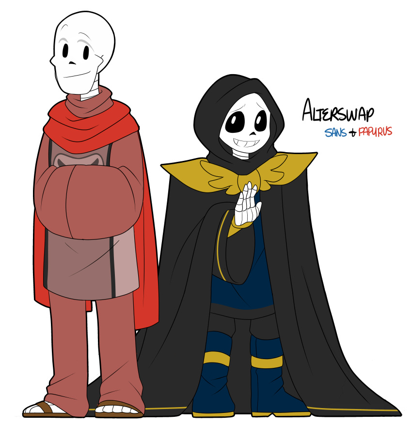 alterswap animated_skeleton bone boots cape clothing footwear friisans hi_res humanoid not_furry papyrus_(undertale) robe sans_(undertale) simple_background skeleton text undead undertale video_games white_background
