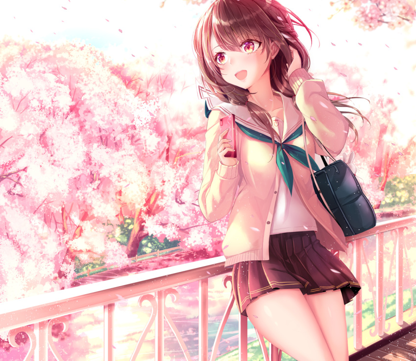 :d against_railing bag black_skirt braid brown_eyes brown_hair brown_sweater cardigan carrying cellphone cherry_blossoms cowboy_shot day eyebrows_visible_through_hair green_neckwear hair_tie hand_in_hair haruka_natsuki holding holding_cellphone holding_phone leaning_back light_particles long_hair looking_to_the_side miniskirt neckerchief open_cardigan open_clothes open_mouth original outdoors petals phone pink pleated_skirt railing school_bag school_uniform serafuku skirt smartphone smile solo striped striped_skirt stuffed_animal stuffed_bunny stuffed_toy sweater wind