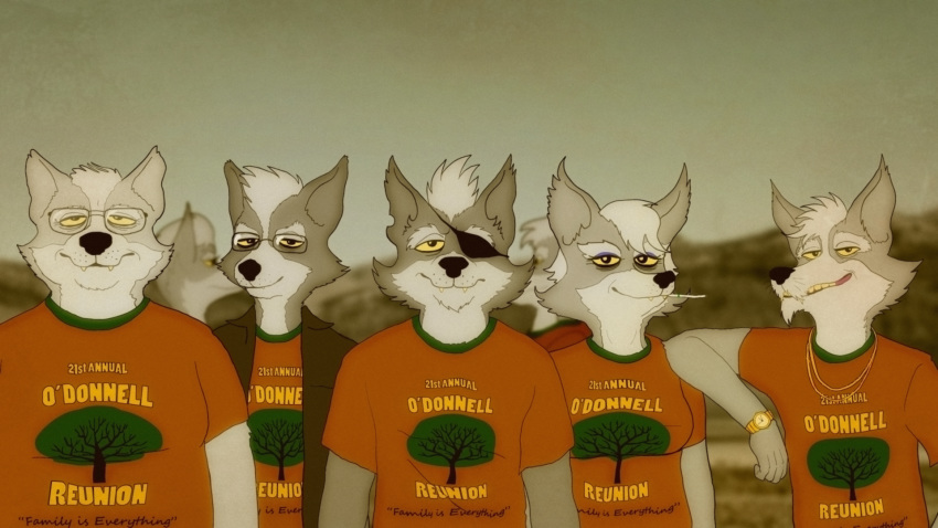 anthro brother cael_o'donnell canine clothing digital_media_(artwork) eye_patch eyewear family father female fredryk_phox fur glasses grey_fur jacket lisa_o'donnell male mammal mother nintendo parent shirt sibling star_fox star_fox_the_animated_series tim_o'donnell trip_o'donnell video_games wolf wolf_o'donnell