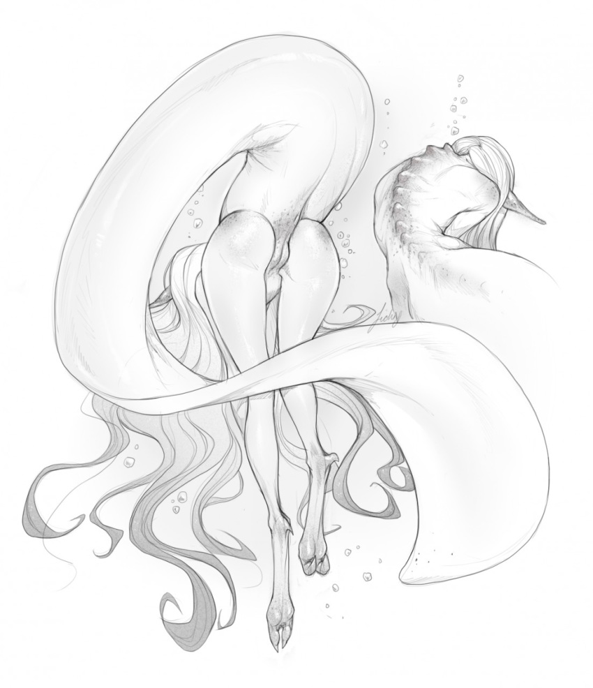 anthro anus butt claws female hair liche line_art long_hair monochrome monster monster_girl_(genre) pointy_ears pussy simple_background spine thick_thighs water white_background