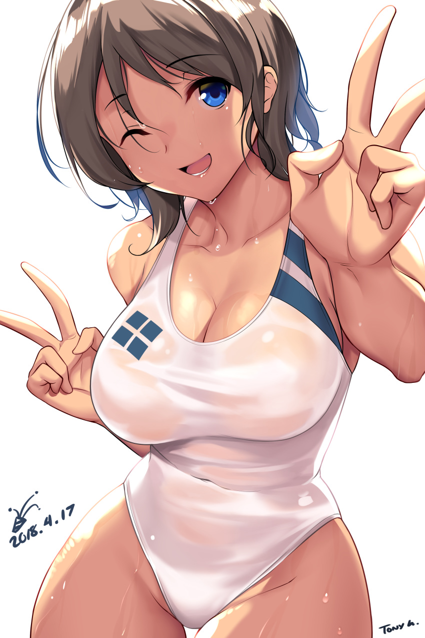 ;d absurdres artist_name bad_revision bare_shoulders blue_eyes breasts brown_hair cleavage collarbone commentary_request competition_swimsuit covered_navel cowboy_shot double_v downscaled_revision eyebrows_visible_through_hair highres large_breasts looking_at_viewer love_live! love_live!_sunshine!! md5_mismatch medium_hair one-piece_swimsuit one_eye_closed open_mouth simple_background smile solo swimsuit thigh_gap tony_guisado v watanabe_you wet wet_hair white_background white_swimsuit